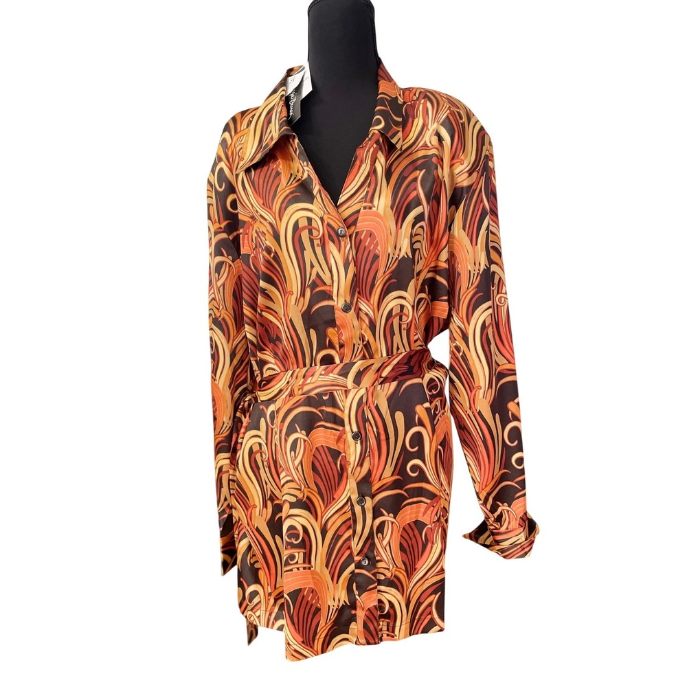 Maggie Barnes Button Down Blouse Womens 2X Orange Brown Abstract Swirl Belted